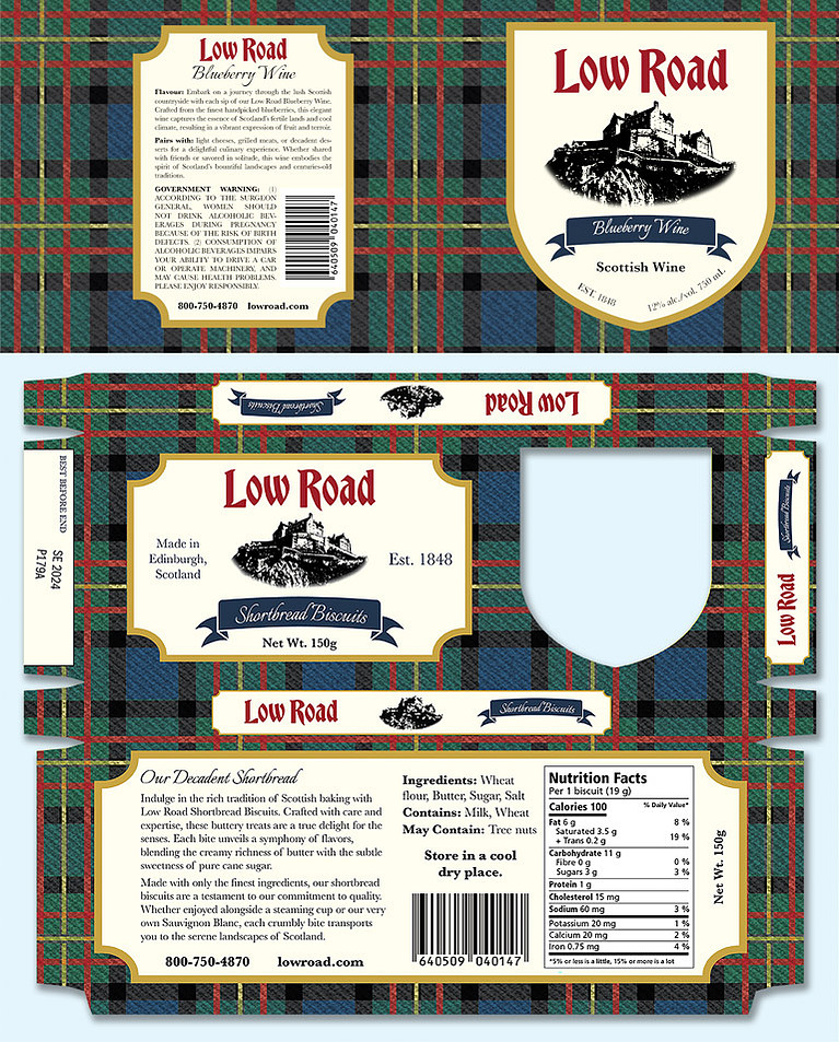 Resulting layouts of the Low Road wine label and shortbreat box which both use the tartan pattern in the background.