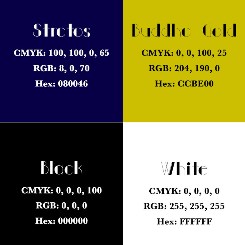 Colour palette I used including dark blue, gold, black, and white.