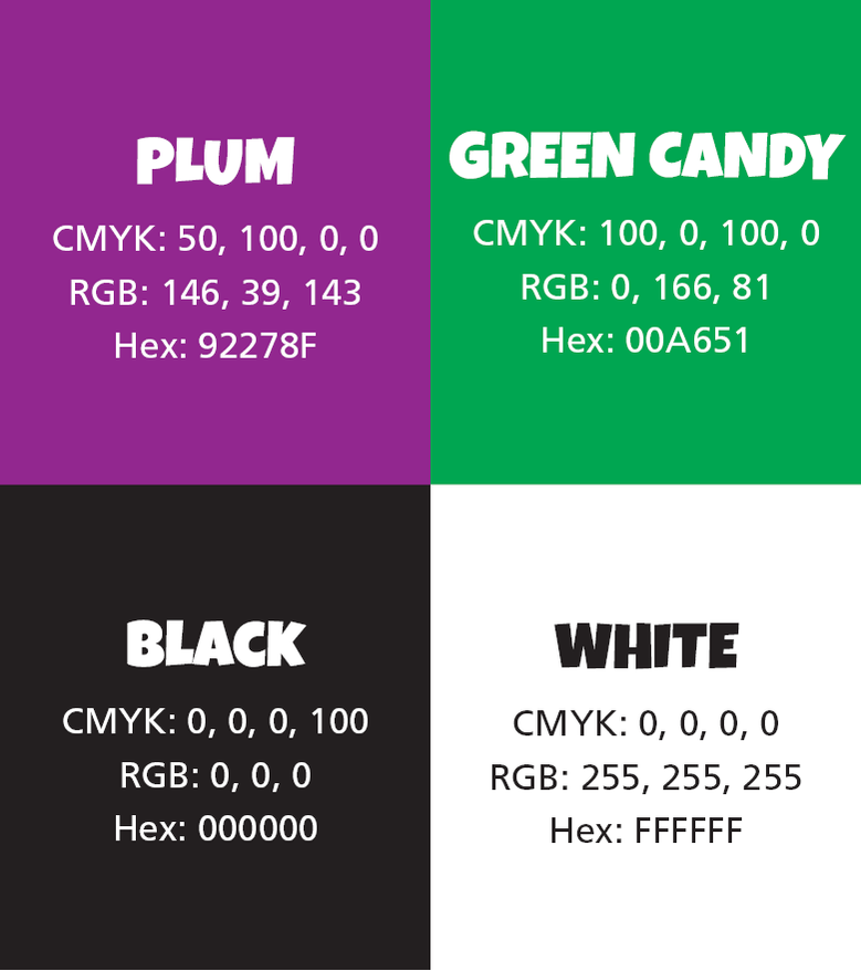 Colour palette with purple, green, black, and white.