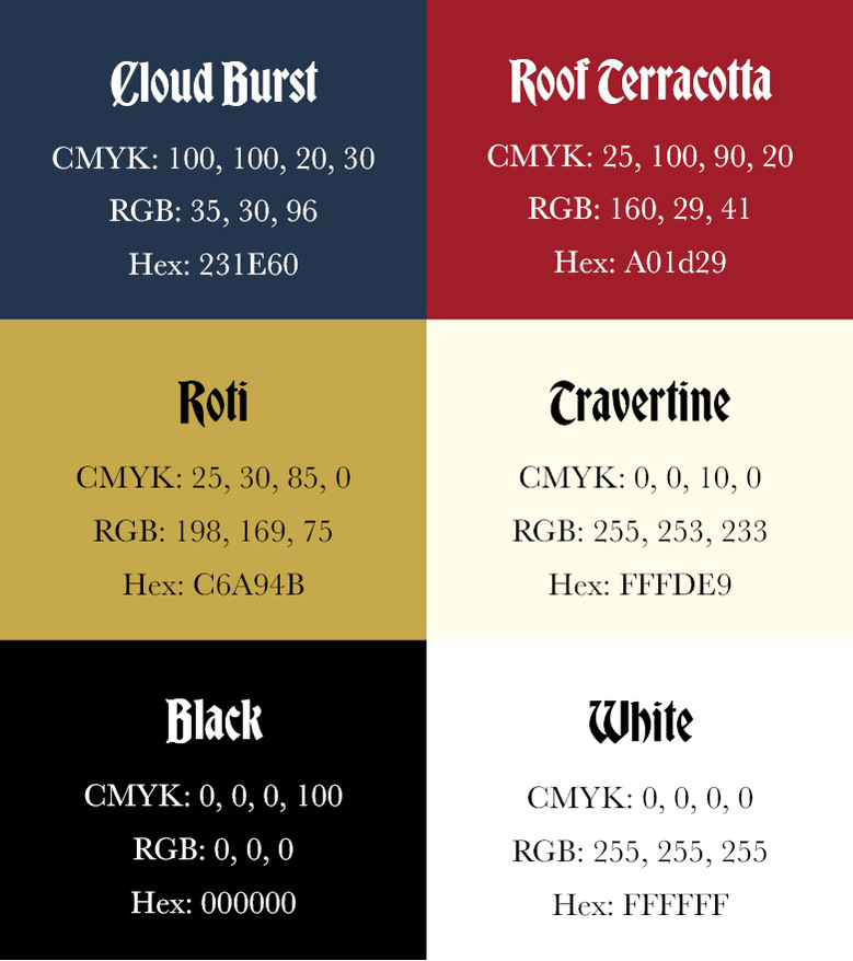 The colour palette I used, which consists of dark blue, red, gold, light beige, black, and white.