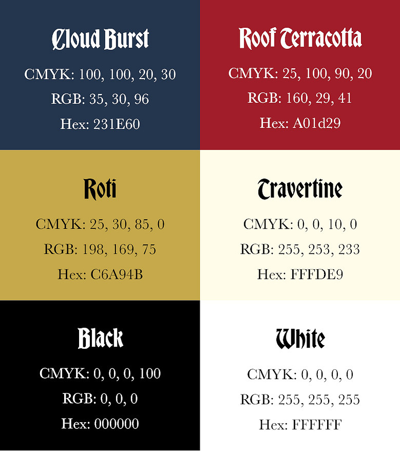 The colour palette I used, which consists of dark blue, red, gold, light beige, black, and white.