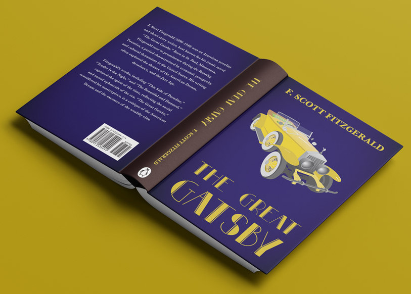 Opened hardcover book lying on a table, pages down. There is an illustration of a yellow Rolls Royce on the cover with the title "The Great Gatsby" underneath.
