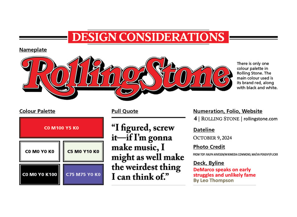 Style guide, which includes the Rolling Stone nameplate, colour palette, and font pairings for the inside pages.