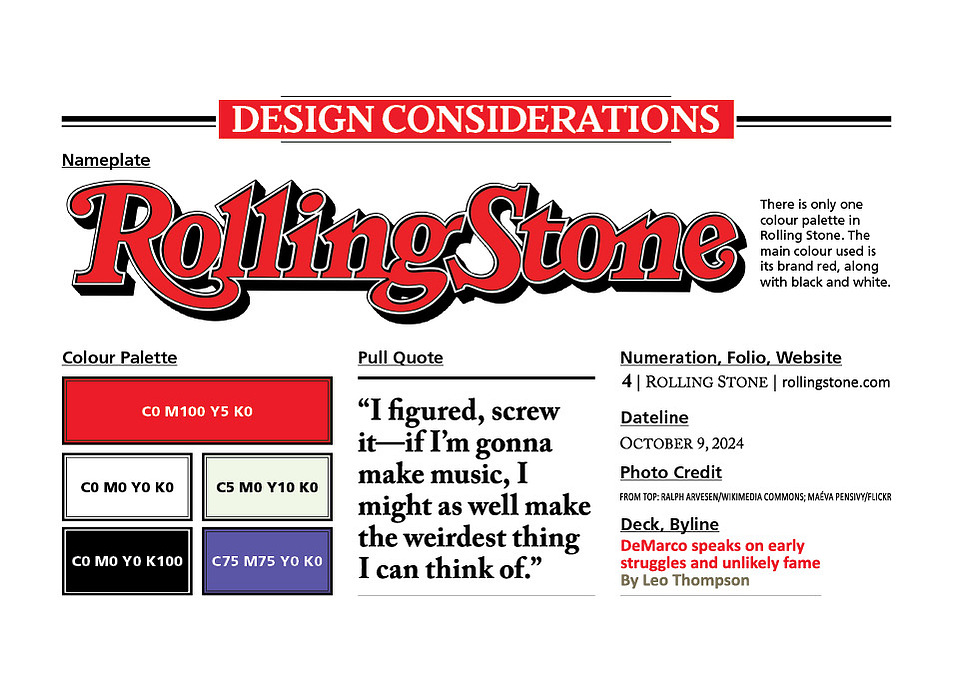 Style guide, which includes the Rolling Stone nameplate, colour palette, and font pairings for the inside pages.
