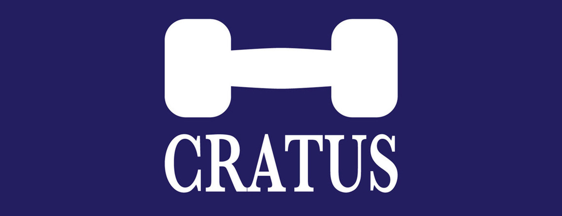 White Cratus logo with a dumbbell shaped symbol above the wordmark over a dark blue background.