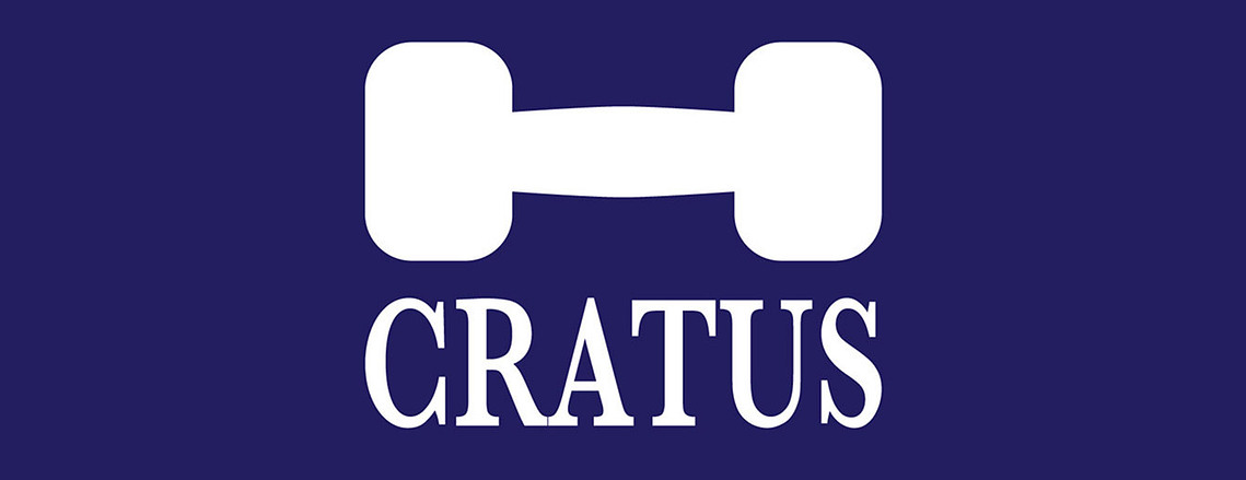 White Cratus logo with a dumbbell shaped symbol above the wordmark over a dark blue background.