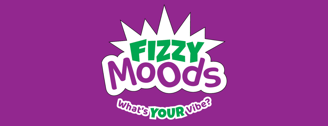 Fizzy Moods logo is a green and purple wordmark on an overlay with half a starburst shape on top and curved outline on the bottom half. The tagline, 