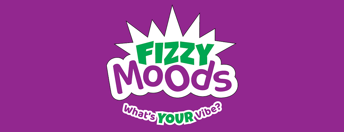 Fizzy Moods logo is a green and purple wordmark on an overlay with half a starburst shape on top and curved outline on the bottom half. The tagline, 