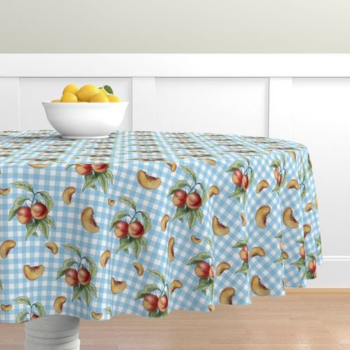country inspired blue gingham table cloth with hand-painted peaches pattern