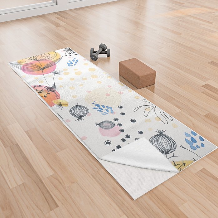 yoga mat and yoga towel in colorful and soft floral pattern hand-drawn by famous artist