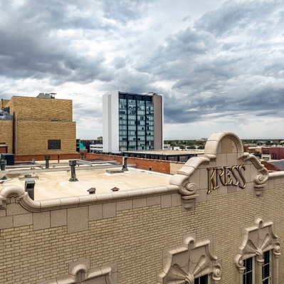 Drone photograph of the Kress Building is a local historical icon.
