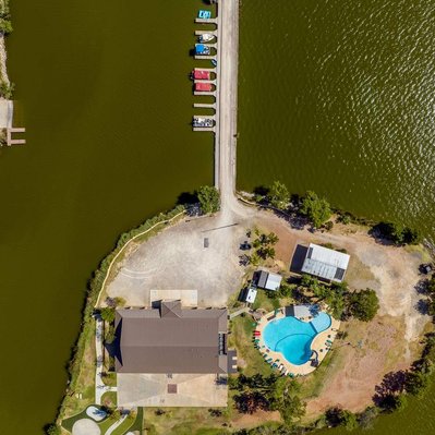 Downward Photograph of the Ranch, docks and ramp at Lake Ransom Canyon Near Lubbock, Texas