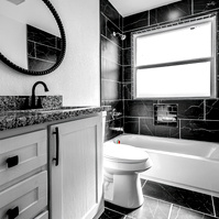 Photos of bathroom in House Near Anton, Texas with lots of Black and Whites