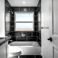 Photos of bathroom in House Near Anton, Texas with lots of Black and Whites