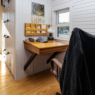 Photograph of interior detail of the Restored Caboose in front of the Harvey House