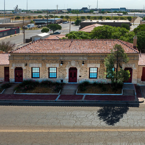 A front view of the Buddy Holly Center, once the train station in Lubbock, Texas, it now houses a large collection of Buddy Holly artifacts.