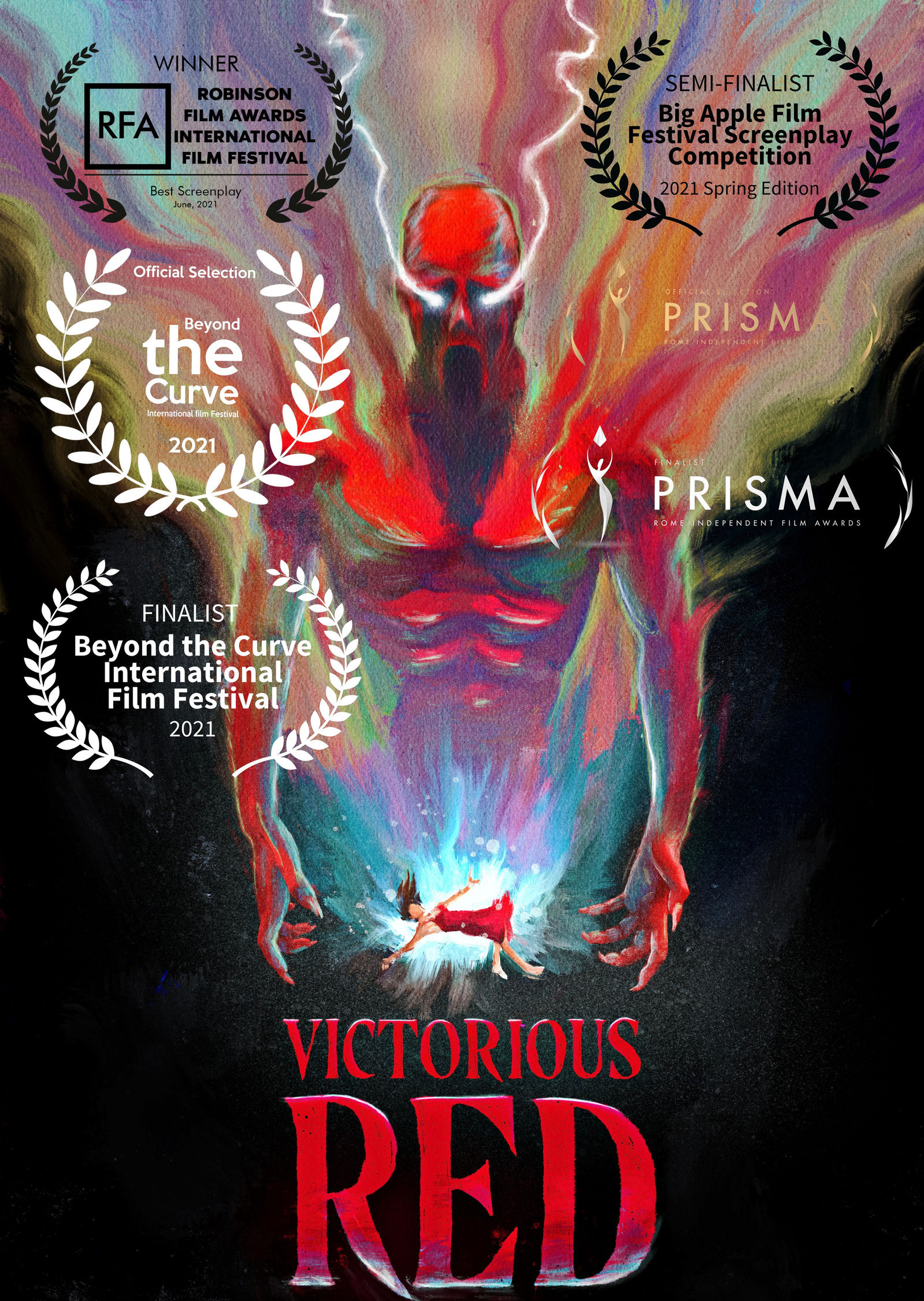 "Victorious Red" teaser poster with writing competition laurels. 