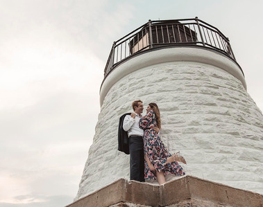 Engaged couple at a lighthouse on Tower Hill, Newport, RI