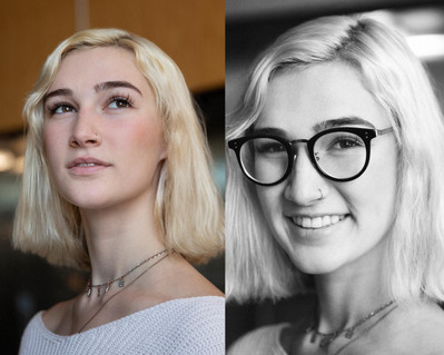 Actor headshot of a lady with and without glasses, Boston.
