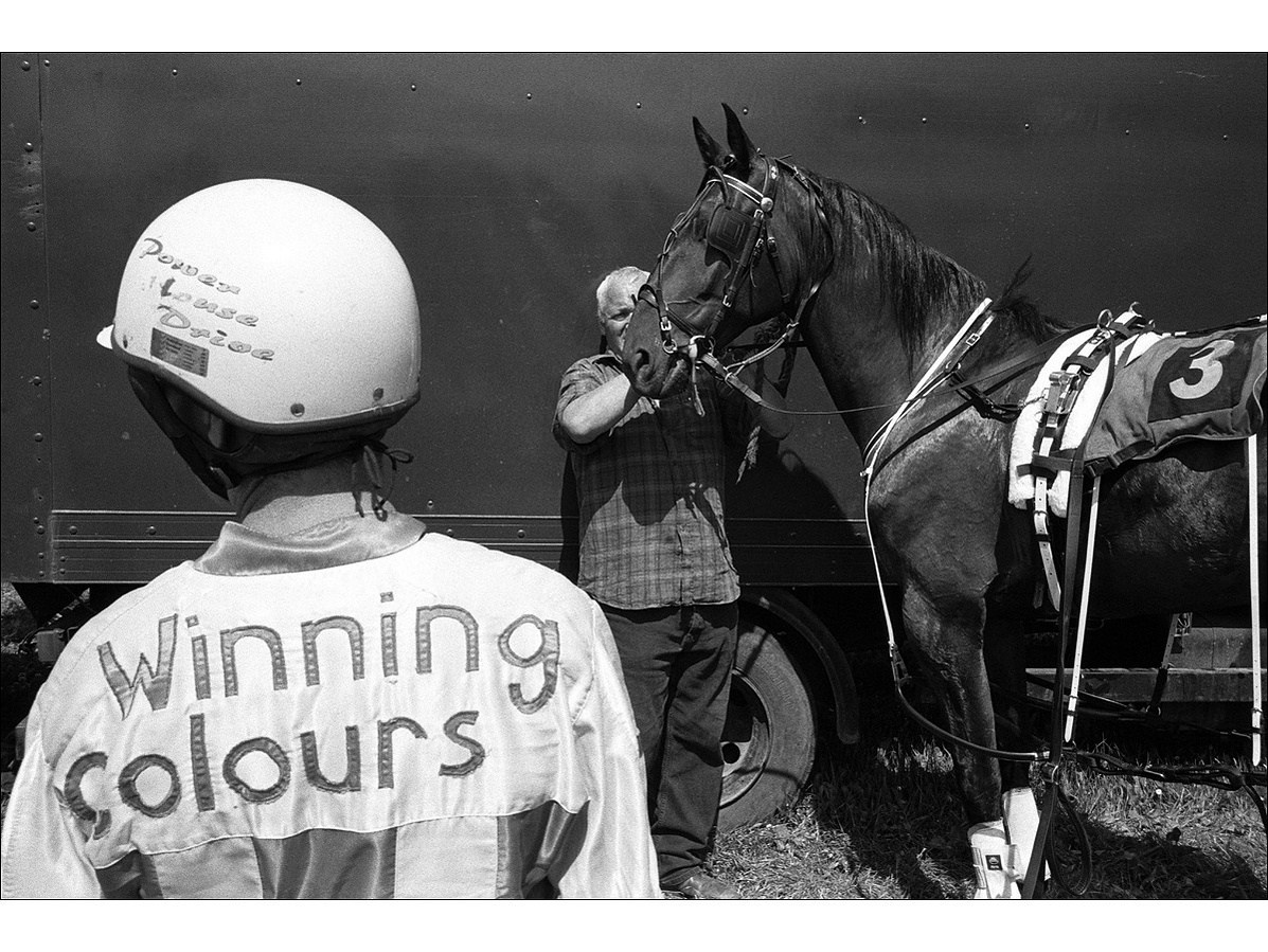 A middle-aged man in a checked shirt prepares a standardbred horse for a harness race while the driver waits - Winning Colours is stitched on his back, and Power House Drive written on his helmet.
