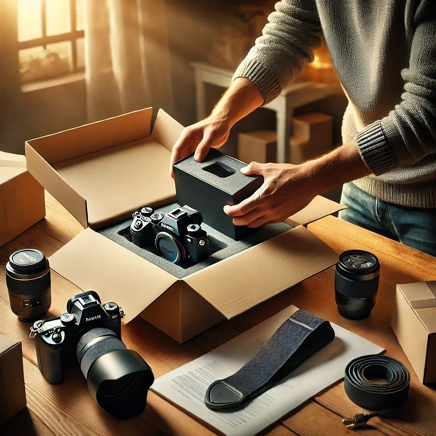 male unboxing a new camera from cardboard box sat on a wooden desk, office style background with sun rays coming through the window