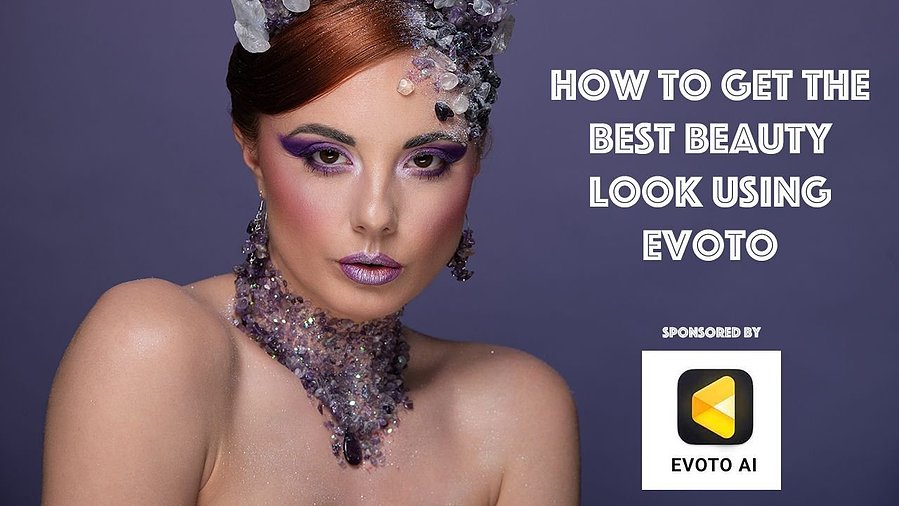 Female model with purple eye make up and creative crystal themed head and neck adornment, against a purple backdrop, with the working "how to get the best beauty look using Evoto"