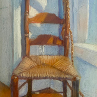 Pastel painting of an antique chair in the sun by Beth Lowell