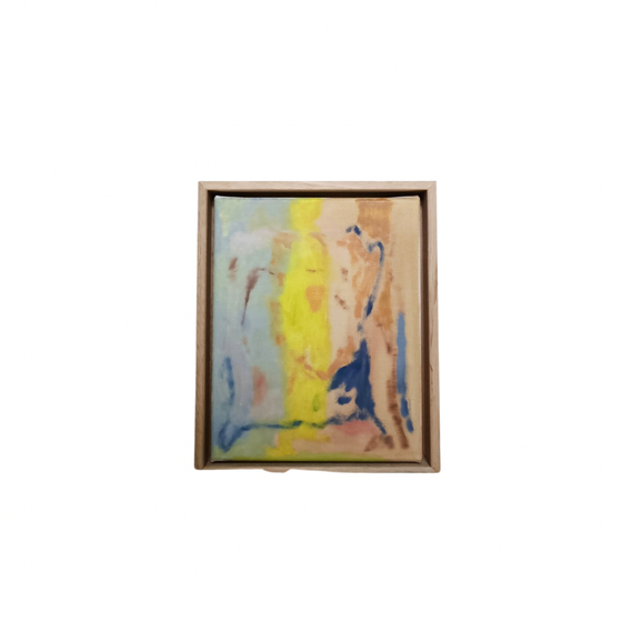 Angel on my shoulder, oil on linen, 20 x 25 cm, framed in Tasmanian oak 