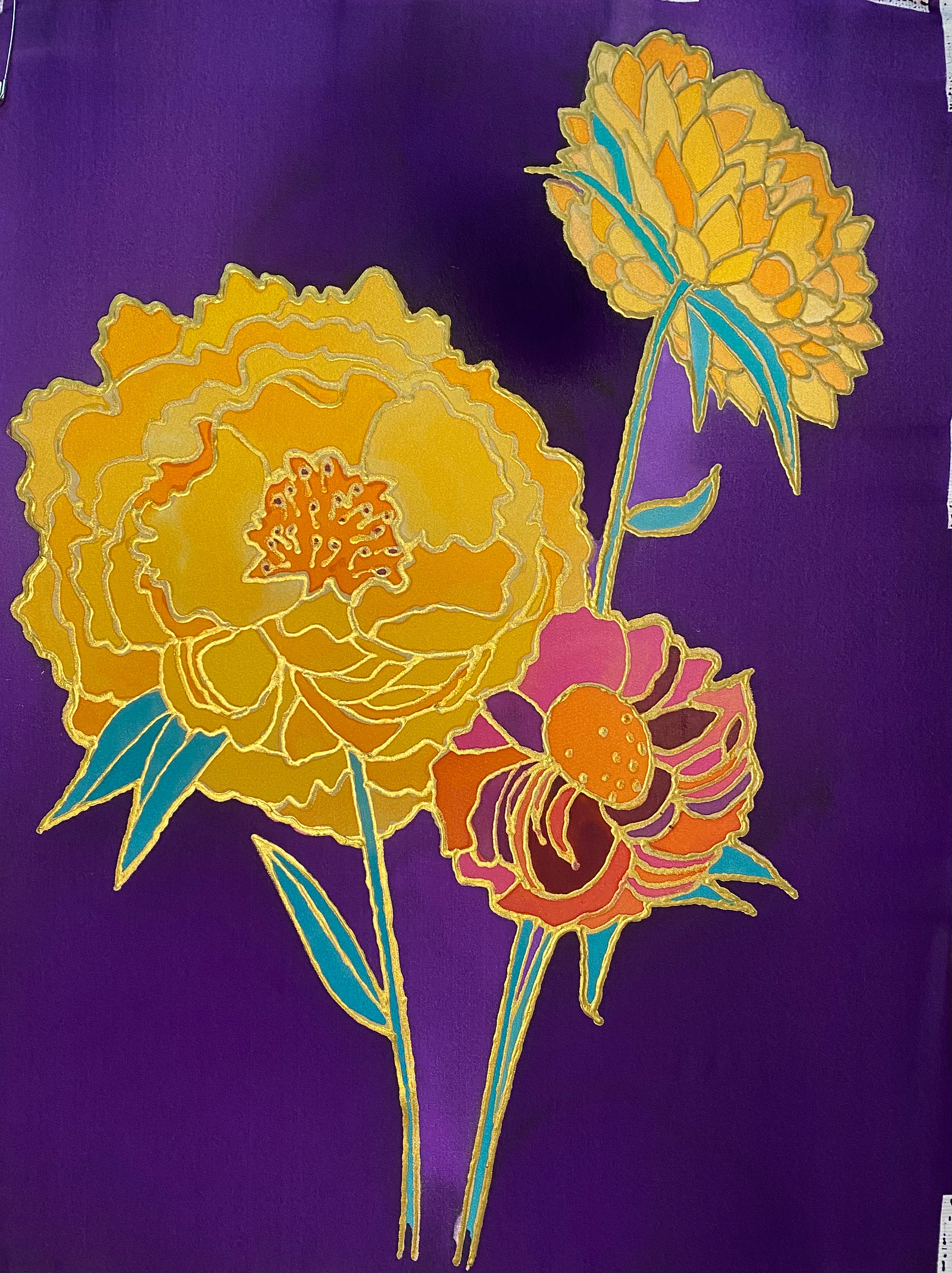 art silk painting of botanical yellow and orange peonies flowers with leaves  