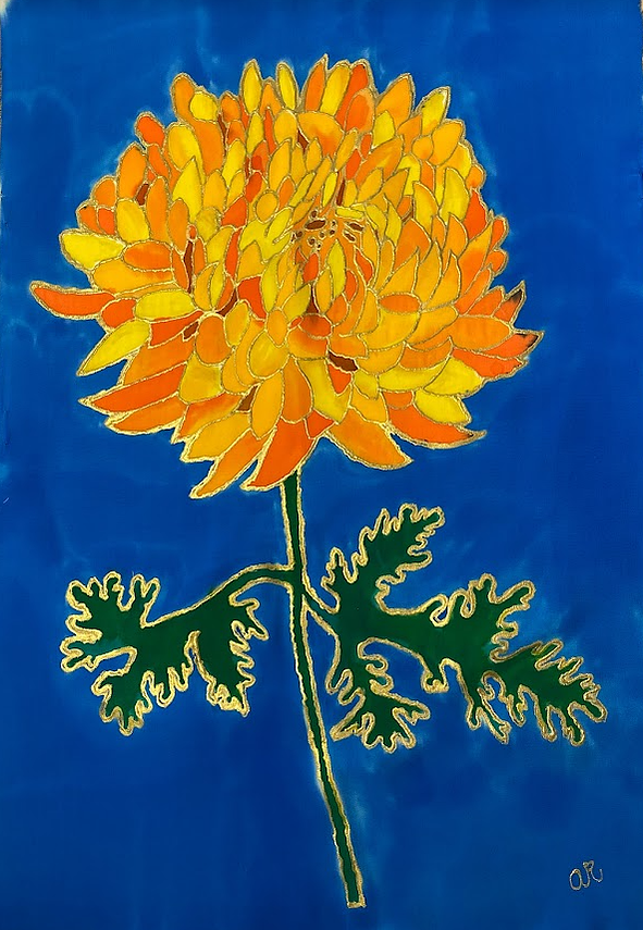 art silk painting of a botanical chrysanthemum flower with leaves  