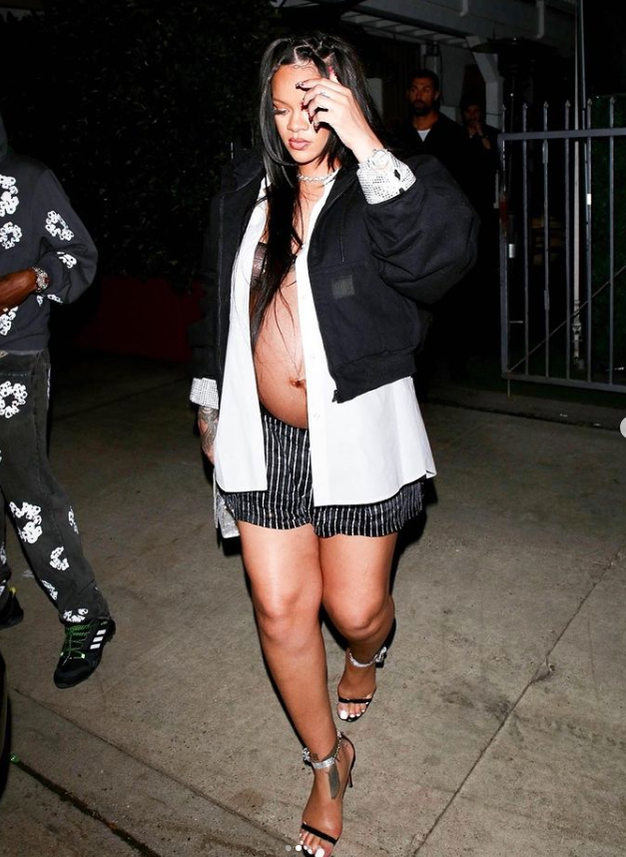 Rihanna wears Spring 22 poplin shirt with crystal cuff and embellished boxer short.
