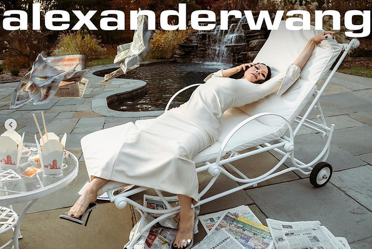 Lucy Liu wears Lycra dress in Alexander Wang Resort 22 campaign.