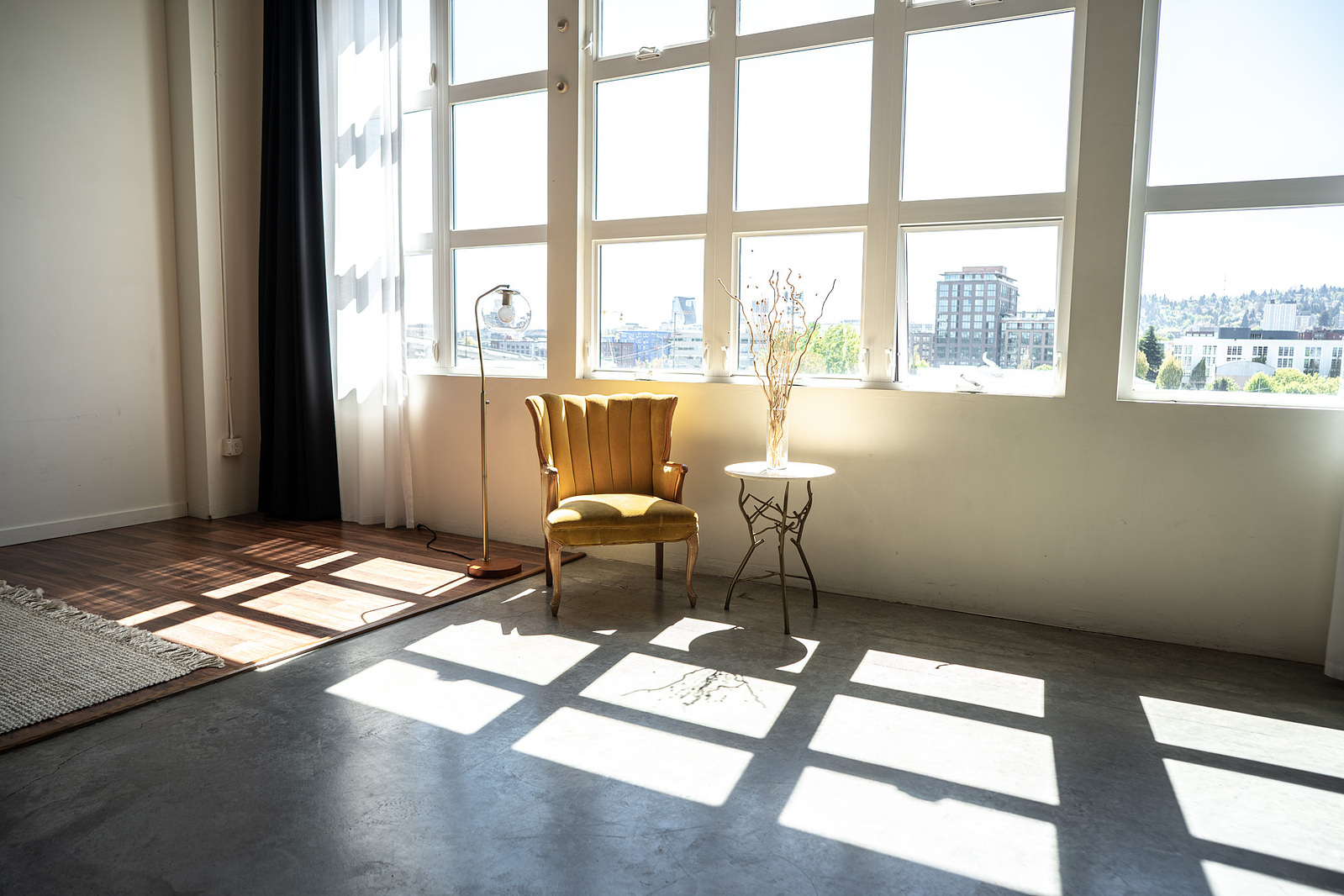 Checked light from large windows in a natural light studio