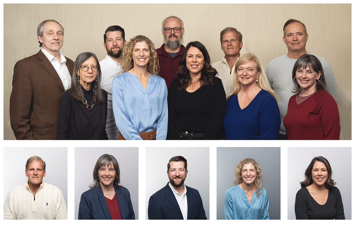 A grid photo showing a group shot of professionals as well as individual headshots of team members from Mind Education during their time in Portland Oregon