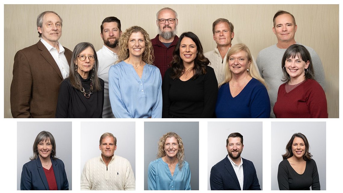 Photo-grid of headshots including a group photograph