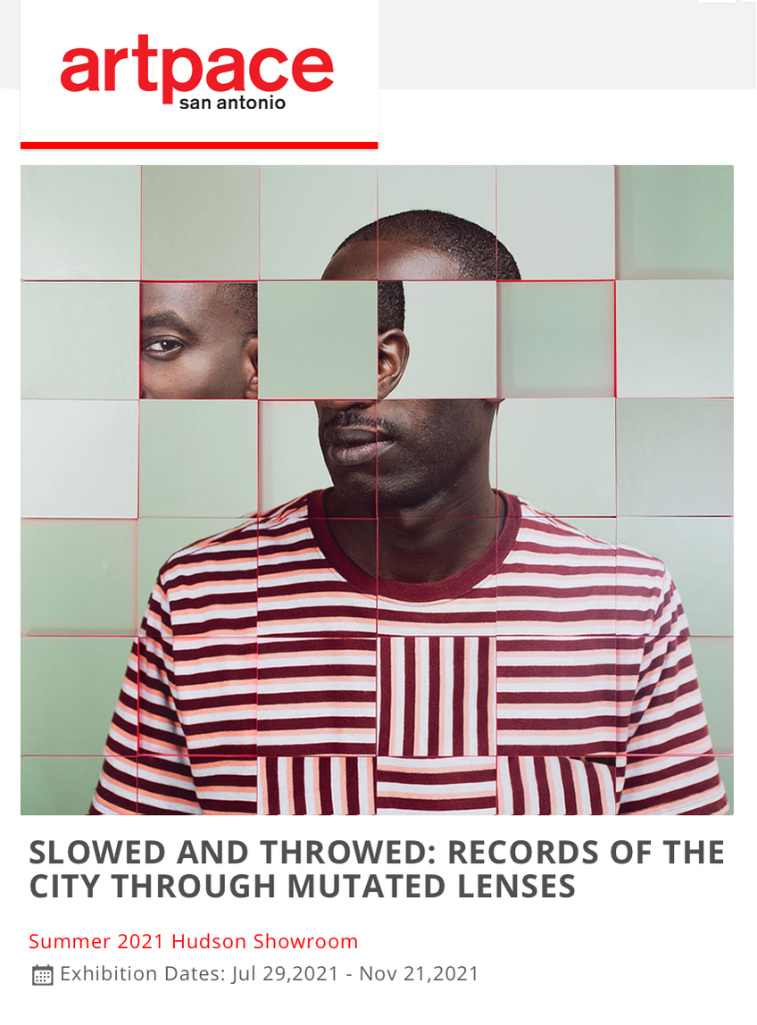 Artpace San Antonio Slowed and Throwed art museum show.
Deconstructed multimedia portrait, green tiles collage of Afroamerican male in stripped shirt