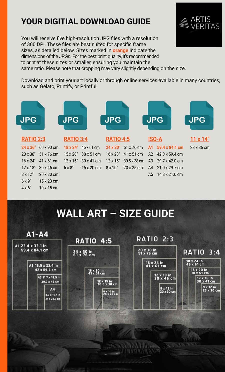 Included is a straightforward download guide for 'Music 1', along with a size guide specifically designed for its portrait format, ensuring a smooth experience for art admirers.