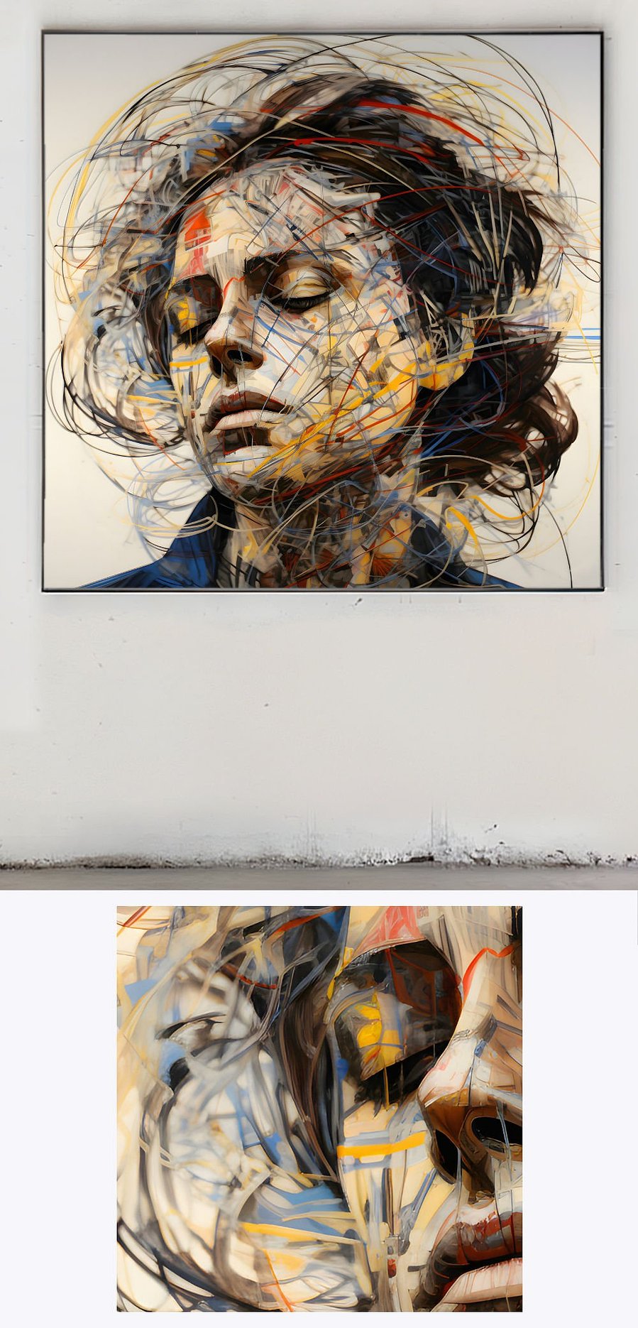 This gallery-style presentation of a 'Quiet Woman' includes an intimate close-up detail, highlighting the painting's delicate brush strokes and the depth of its emotive portrayal.