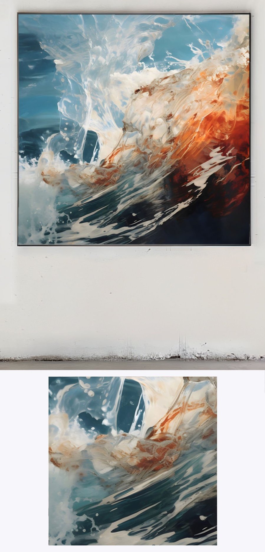 Ocean Wave' is artfully displayed in a gallery-like environment, with an additional focus on a detailed segment, emphasizing the artwork's lively brushwork and oceanic hues.