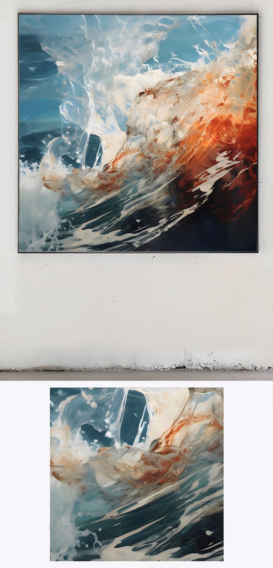 Ocean Wave' is artfully displayed in a gallery-like environment, with an additional focus on a detailed segment, emphasizing the artwork's lively brushwork and oceanic hues.
