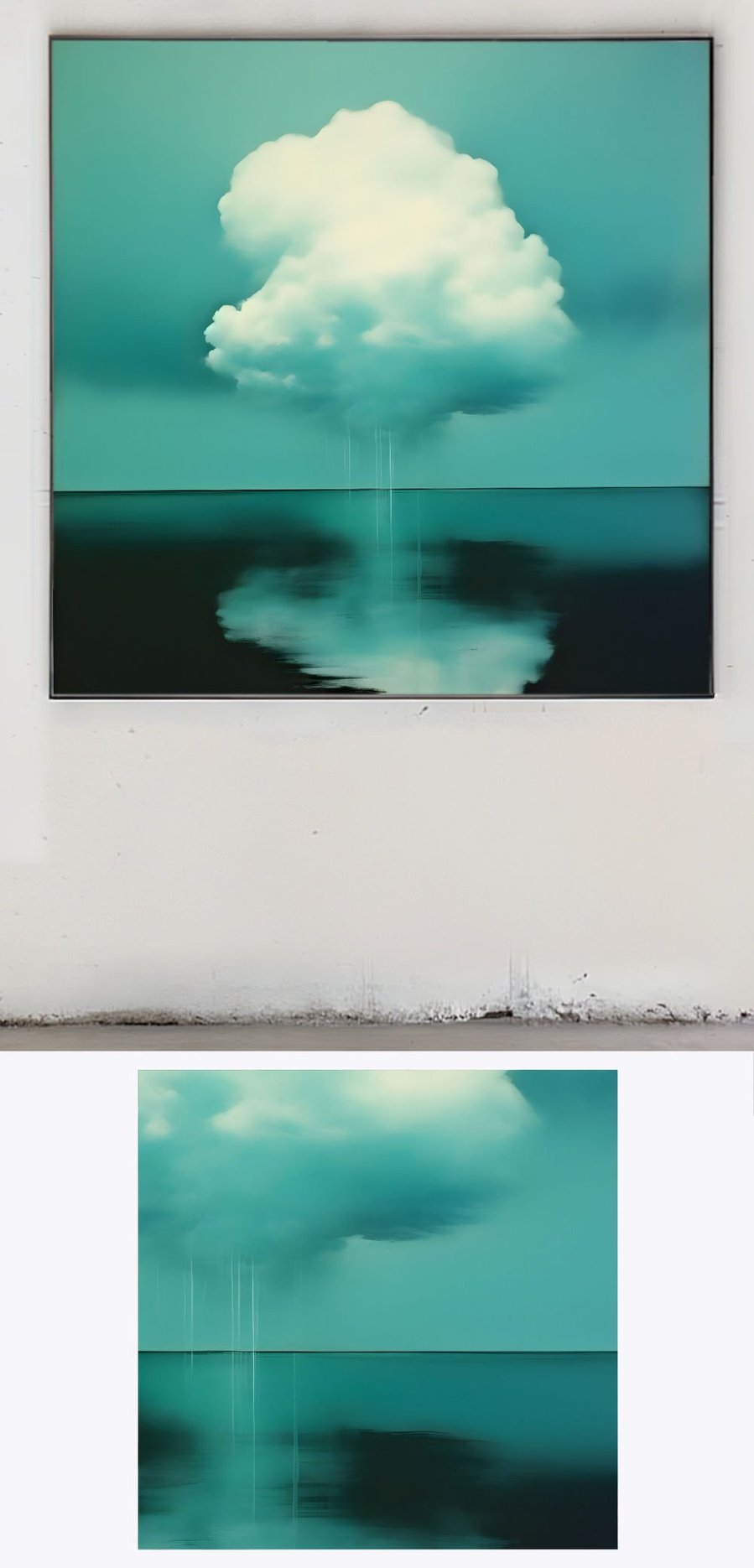 Showcasing 'One Cloud' in two distinct living room environments, this image highlights how the square artwork seamlessly integrates and elevates various home decors.
