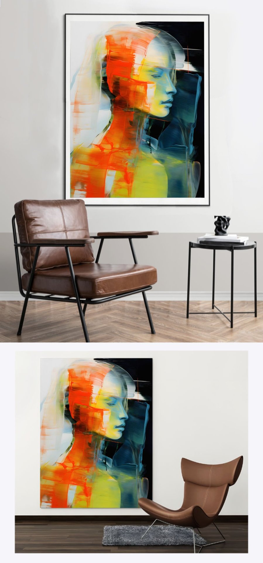 Experience the abstract allure of 'Radiant She 1' in two unique portrait-oriented living spaces, where the painting's depiction of an introspective female adds a layer of depth and mystery to various interior designs.