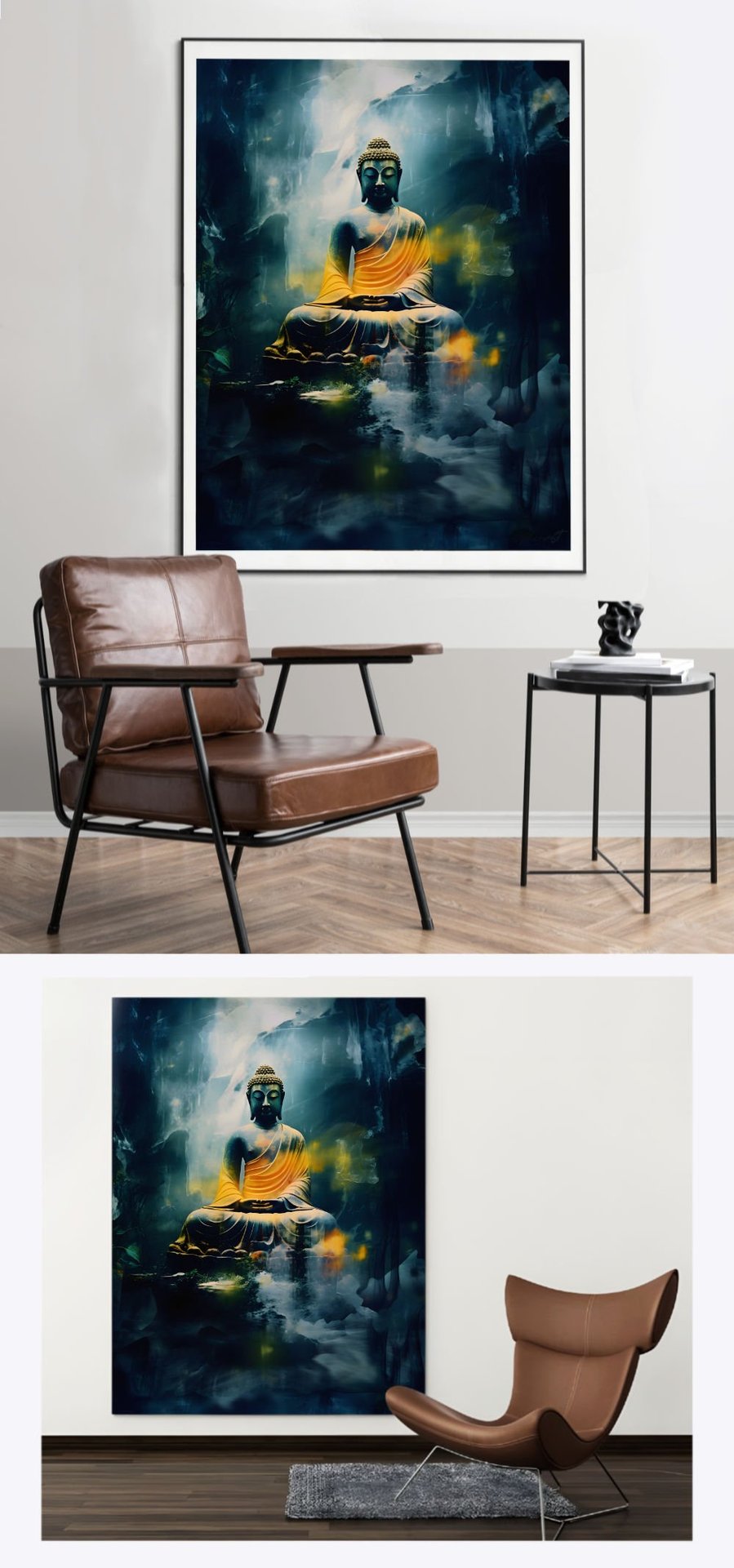 Displaying 'Lord Buddha' in two distinct living room settings, this image demonstrates the portrait painting's ability to add a serene and spiritual touch to different interior styles.