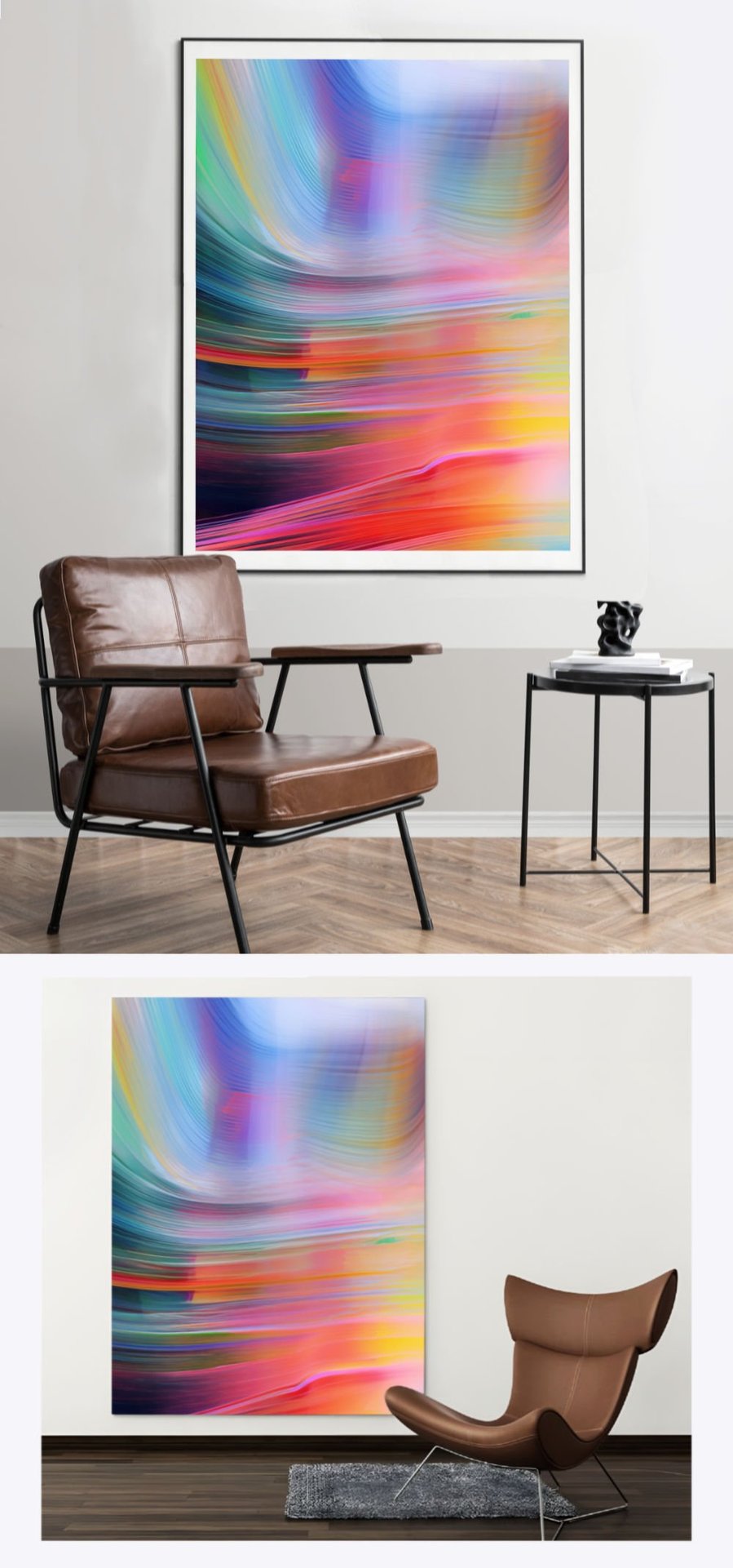 Explore the visual impact of 'Rainbow' in two portrait-oriented living spaces, where the artwork's vibrant abstract flow of rainbow colors adds a lively and colorful dimension to diverse interior designs.