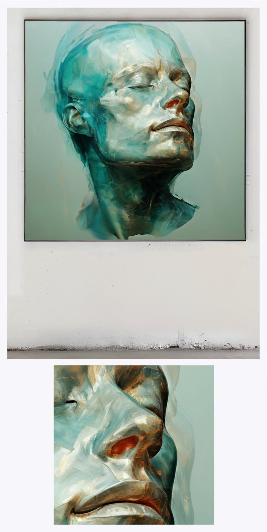 Upwards presented in an impressive gallery context, complemented by a smaller detailed view of the painting’s texture and color nuances, highlighting its artistic finesse.