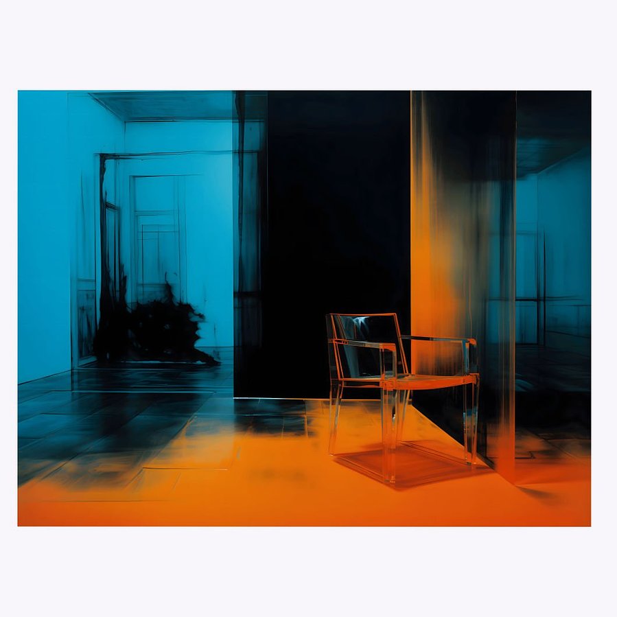 This image presents a full view of 'Solitary Chair No. 2', a landscape painting that captures the solitary and enigmatic presence of an orange chair set against the backdrop of a peculiar, vacant room, offering a visually compelling narrative.