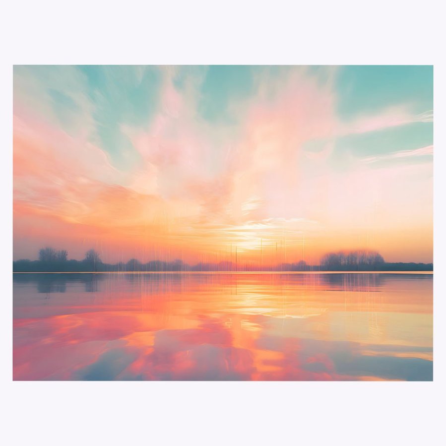 This image reveals the entire canvas of 'Sunset Over Lake', a landscape painting that masterfully portrays a calm and soothing sunset scene over a still lake, offering a visually relaxing and contemplative experience.
