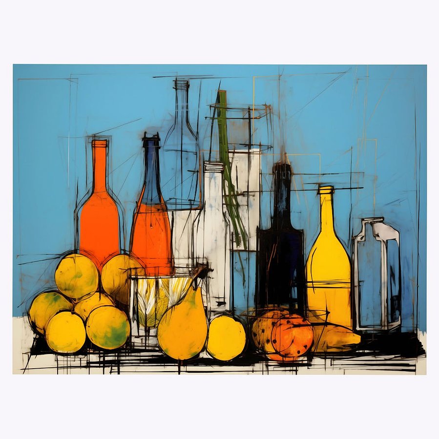 A full display of 'Fruits & Bottles', a landscape painting, revealing its vibrant composition and intricate details, offering a comprehensive visual appreciation.
