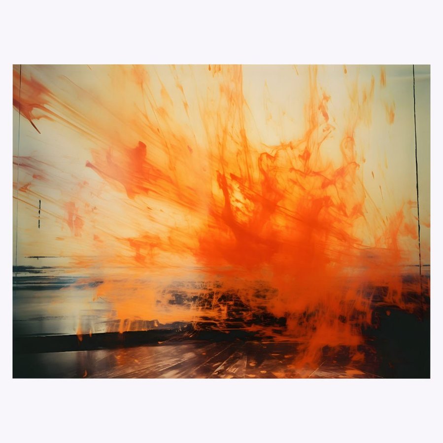 This image captures the full, fiery essence of 'Fire', a landscape painting portraying a fierce orange inferno-like explosion, showcasing its dynamic energy and captivating visual depth.