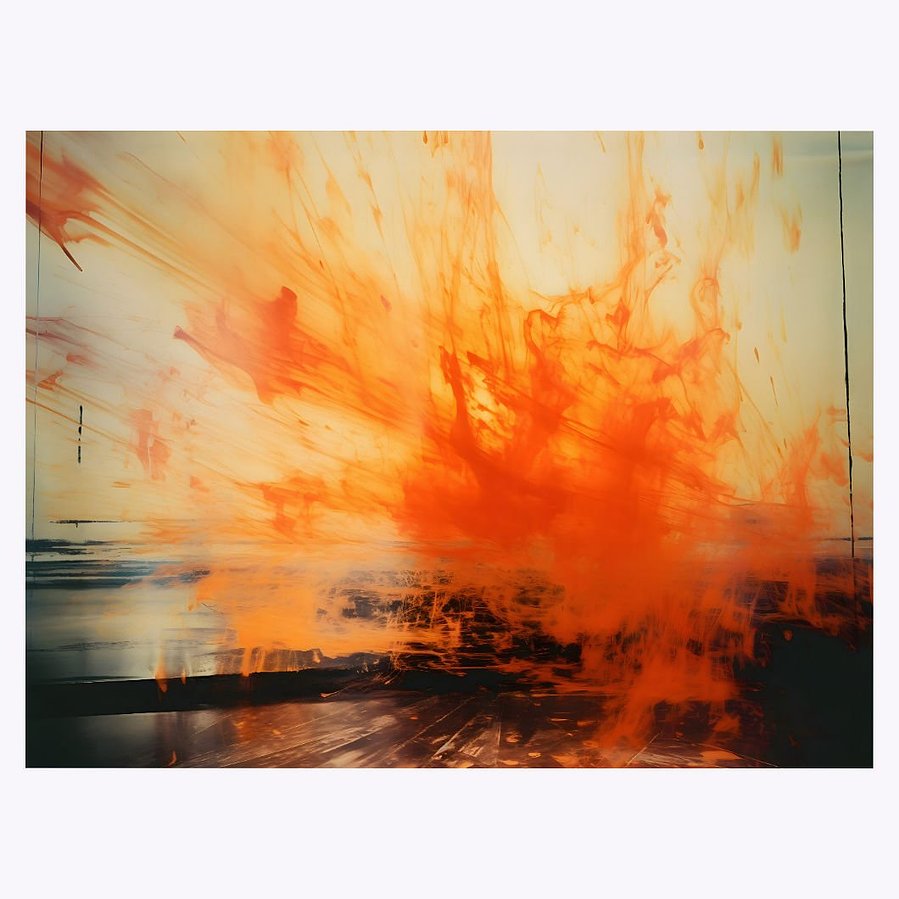 This image captures the full, fiery essence of 'Fire', a landscape painting portraying a fierce orange inferno-like explosion, showcasing its dynamic energy and captivating visual depth.